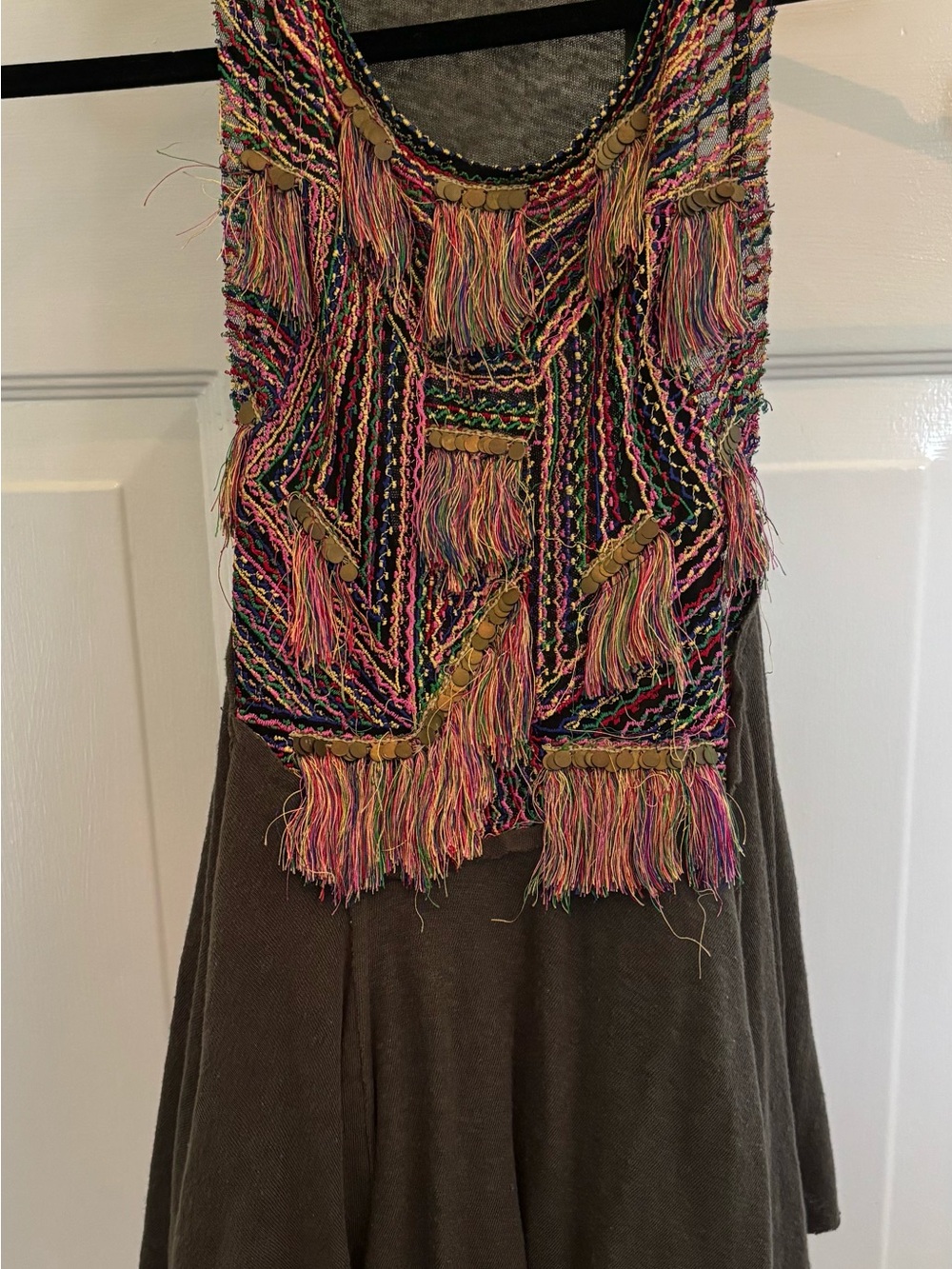 Ecote Boho Fringe Embroidered Tassle Tank Top - Multicolor Fringe, Olive